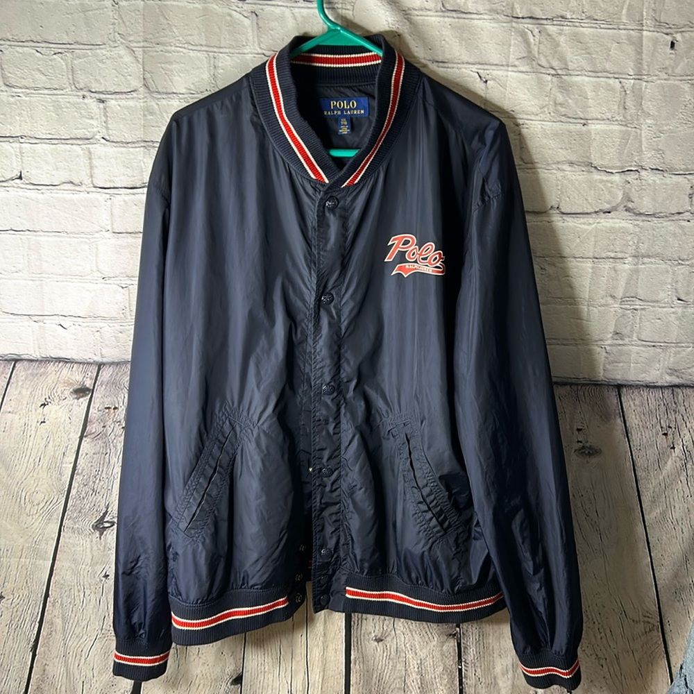 Men’s Polo Ralph Lauren nylon varsity jacket in aviator navy size XXL.